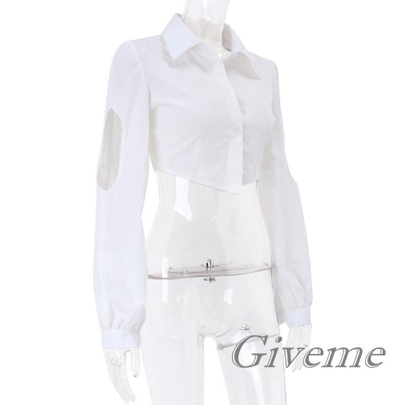 Áo Croptop Tay Dài Cổ Bẻ Màu Trơn Thời Trang Cho Nữ