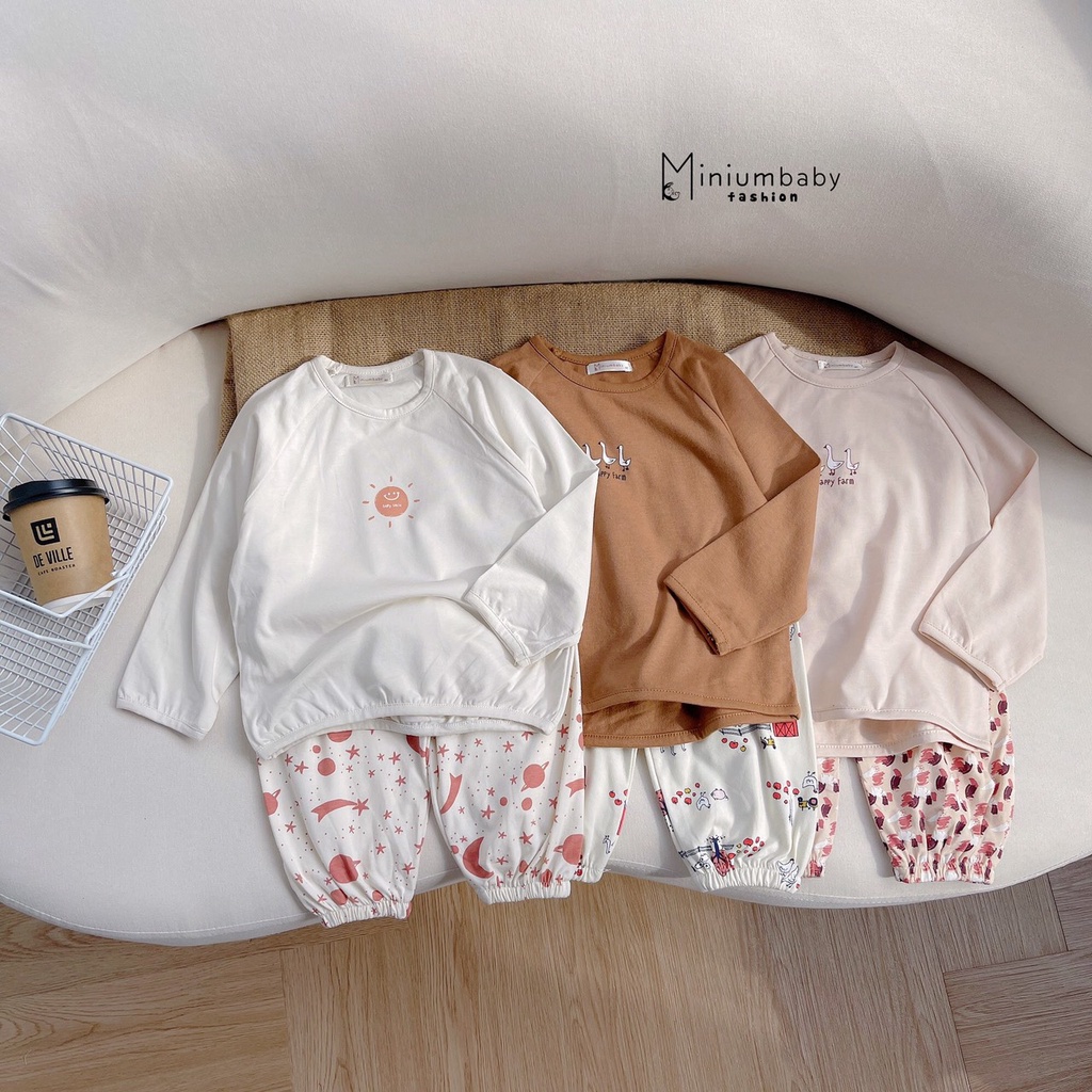 Bộ thu đông dài tay bé trai, bộ thun cotton mềm hoạ tiết xinh xắn bé gái