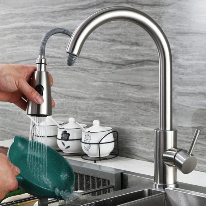 Bộ vòi rửa chén bát nóng lạnh dây kéo rút inox 304 2 chế độ nước, cần xoay 360 độ tiện dụng siêu bền