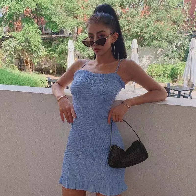 Xả Kho : TV013 Váy hai dây body đầm bó em ôm dáng xoăn xoăn ba màu hot tik tok mẫu mới