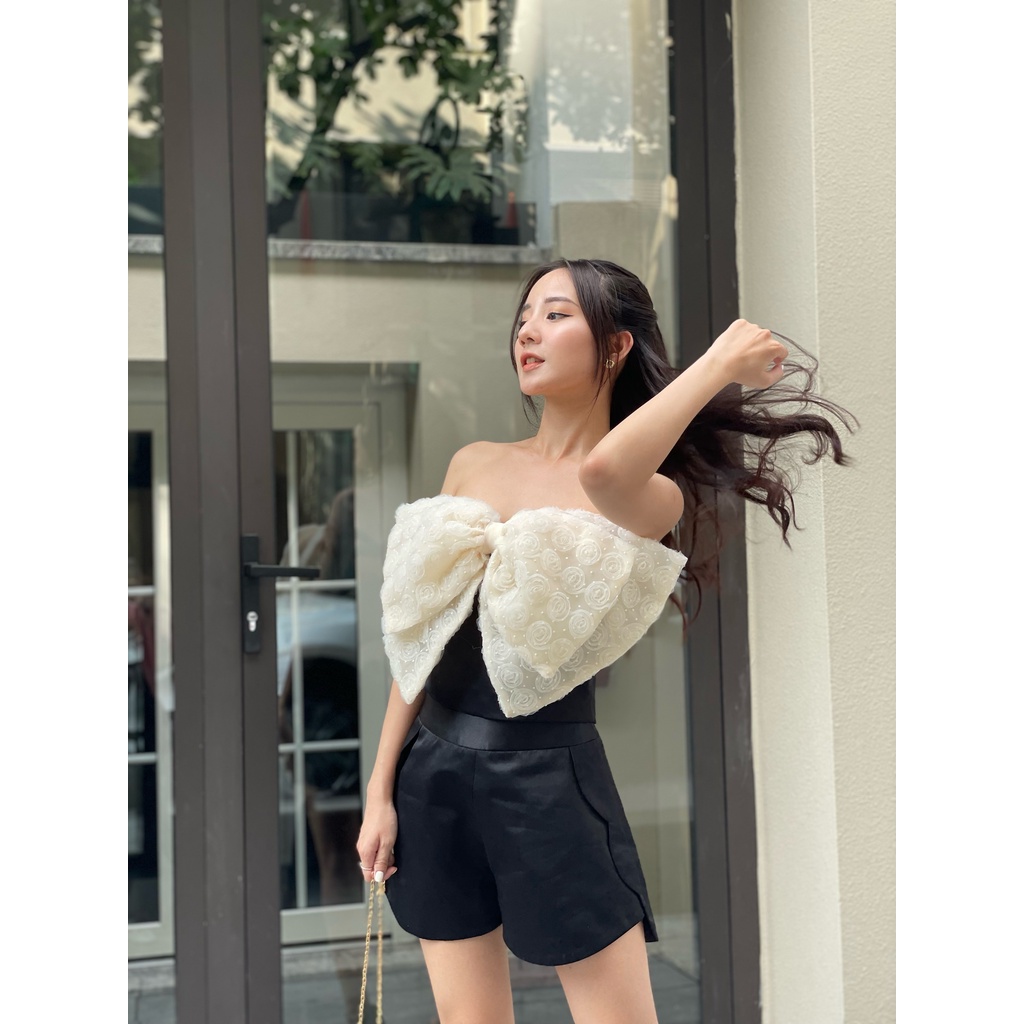 𝐋𝐢𝐥𝐲 𝐓𝐨𝐩 - áo nơ bản to cúp ngực , tafta đen, nơ be chấm bi