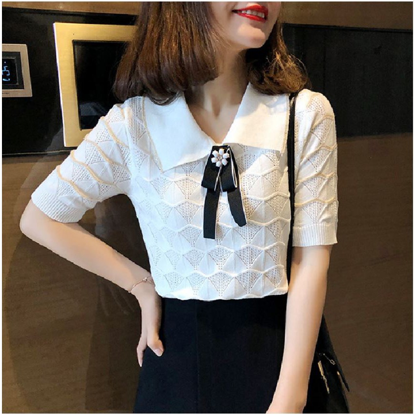 Áo len nữ tay ngắn thắt nơ cổ đức trắng đen - Áo len  thắt nơ cách điệu phong cách Hàn Quốc