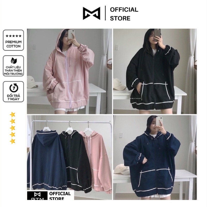 Áo khoác Hoodie viền tay bồng PEONYB - Jacket nỉ form rộng khoá zip có mũ oversize phong cách Ulzzang