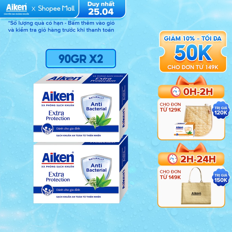 [Mã COSBDAG5 giảm 8% đơn 150k] Aiken Combo 2 Xà Phòng Sạch Khuẩn Chiết Xuất Trà Xanh Thiên Nhiên 90G/hộp