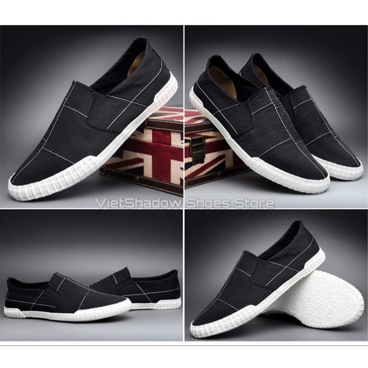 Slip on nam - Giày lười vải nam cao cấp BAODA - Vải polyester 4 màu đen full, đen trắng, xám và khaki - Mã 9070