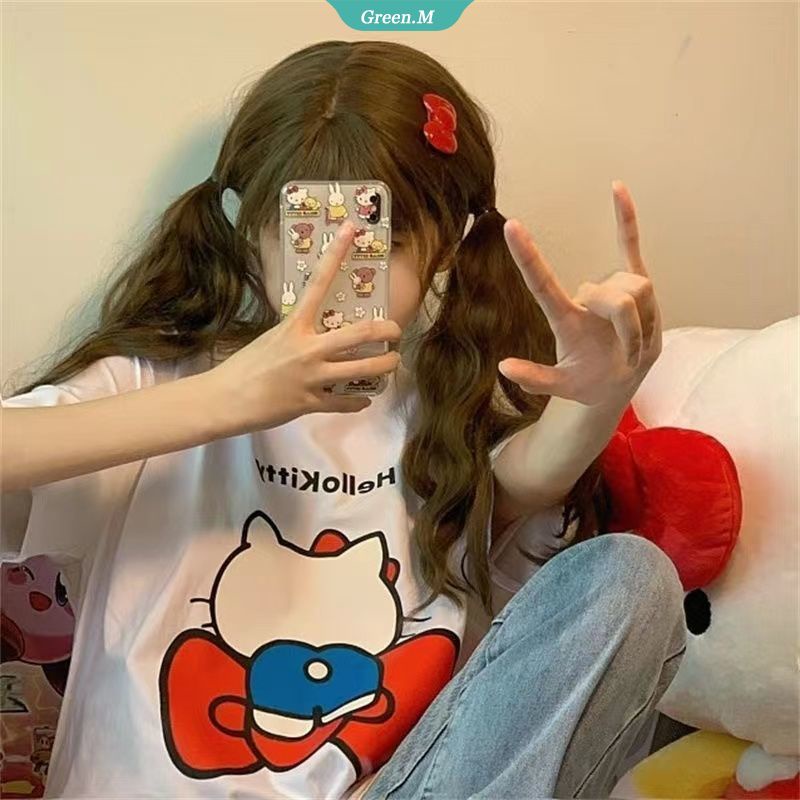 SANRIO Áo Thun Nữ Tay Ngắn Dáng Rộng In Hình Hello Kitty Đáng Yêu