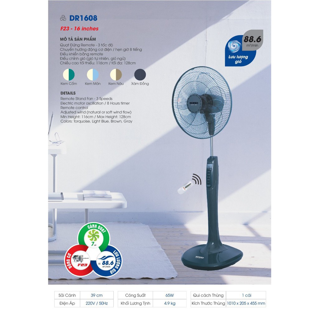 FREE SHIP Quạt Đứng Có Remote Điều Khiển Từ Xa Senko DR1608 - Bảo Hành 2 năm