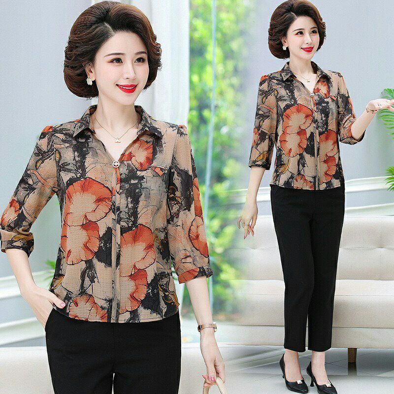 Áo trung niên nữ tặng mẹ cổ bẻ hoạ tiết, chất liệu mền mại, sang trọng