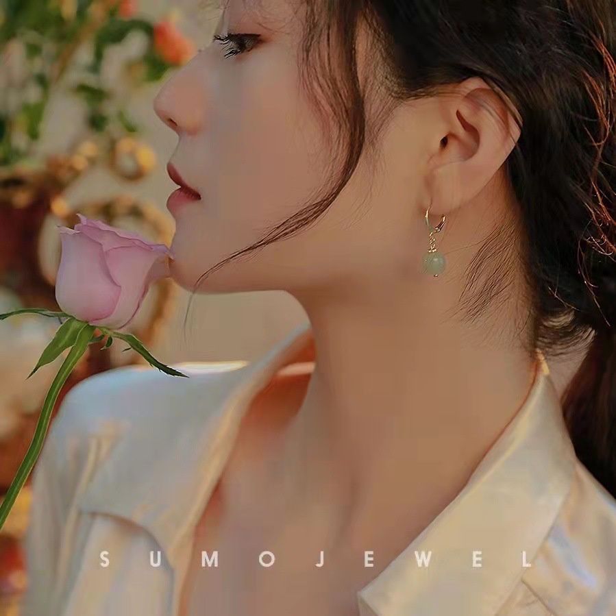 Khuyên Tai Bạc Dát Ngọc Bích Sang Trọng Quyến Rũ Cho Nữ