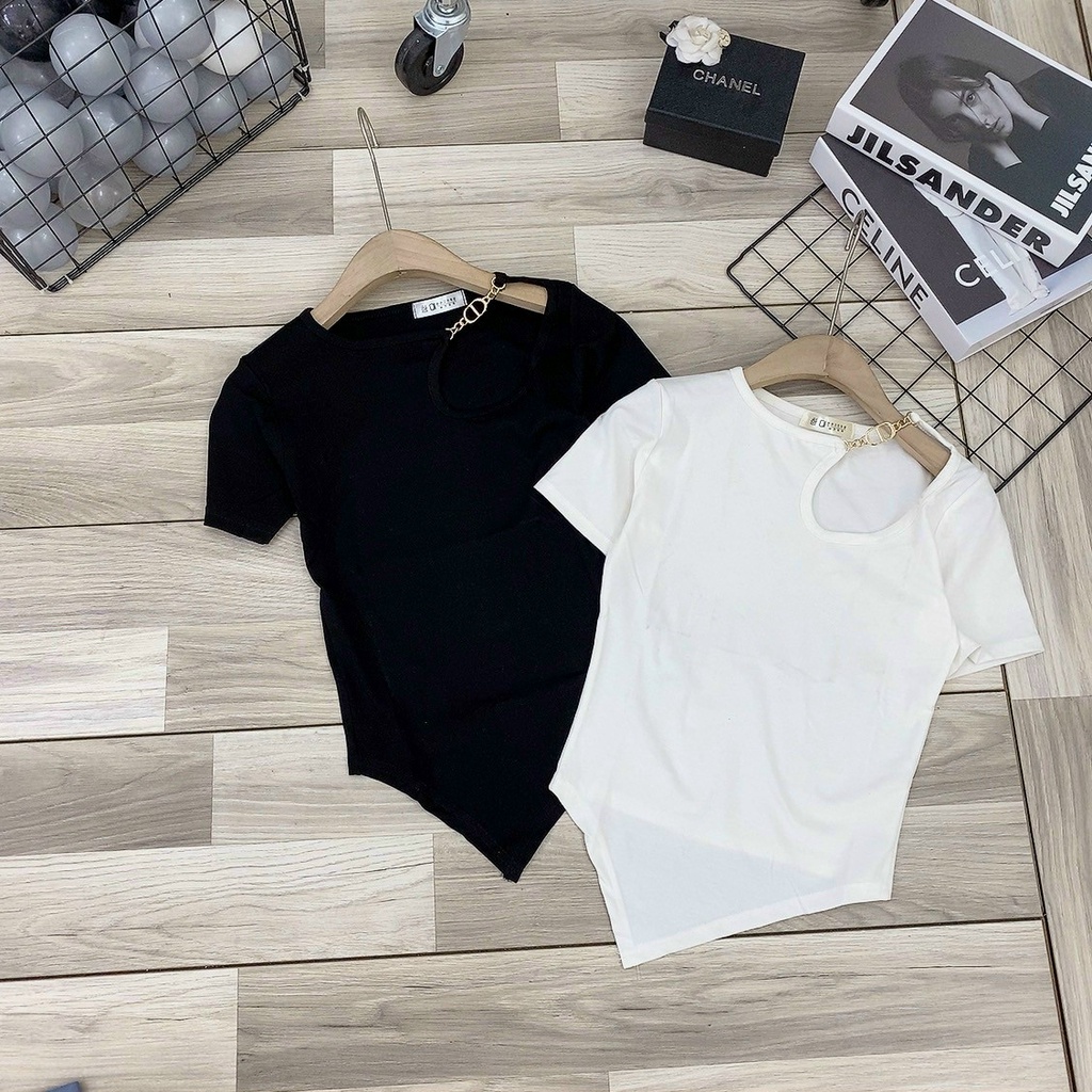 Áo kiểu khoét vai dây xích, Áo thun dáng ôm ngắn tay co giãn AT03 - phamtrangredep shop