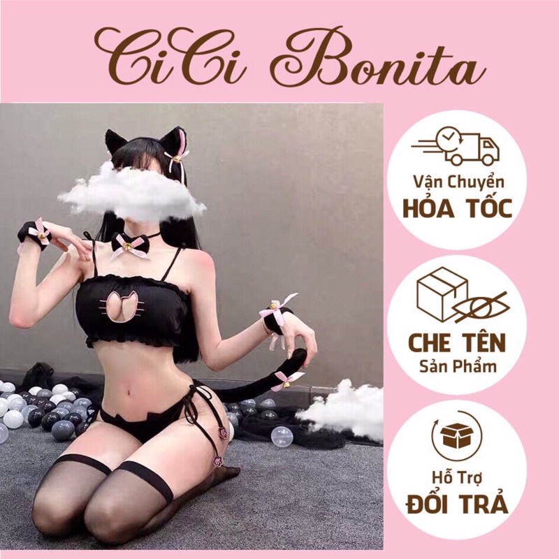 Set đồ lót bé mèo khoét ngực gợi cảm, đáng yêu CP60
