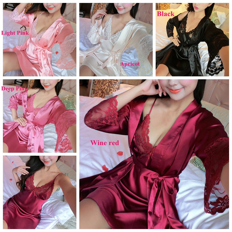 Set đầm ngủ 2 dây + áo choàng chất liệu phi bóng phối ren quyến rũ dành cho nữ | BigBuy360 - bigbuy360.vn