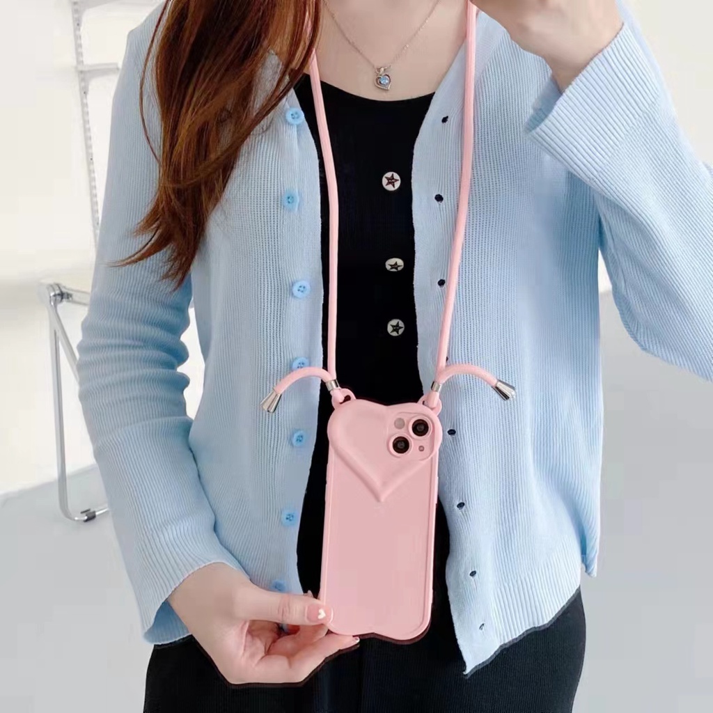Ốp Điện Thoại Hình Trái Tim 3D Dễ Thương Có Dây Đeo Chéo Cho iPhone 11 12 Pro Max XS Max 7 8 Plus X XR