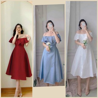 Váy dự tiệc –  đầm trễ vai bèo – trắng đỏ xanh – đầm công chúa tiểu thư dự cưới xinh xắn