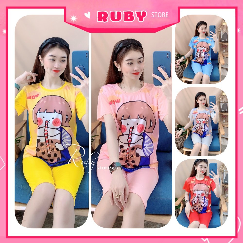 Đồ bộ nữ mặc nhà chất thun mềm mịn in hình bé trà sữa hoạt hình dễ thương Đồ bộ thun lửng BTT60