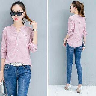 Áo sơ mi sọc cổ V cách điệu (M, L)