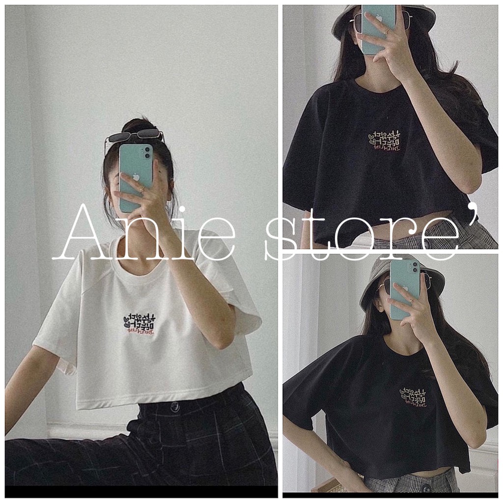 Áo Croptop Nữ Chữ Hàn Tay Lỡ 🦋FREESHIP🦋 Áo Ngắn Nữ Chữ Thêu 2 Màu