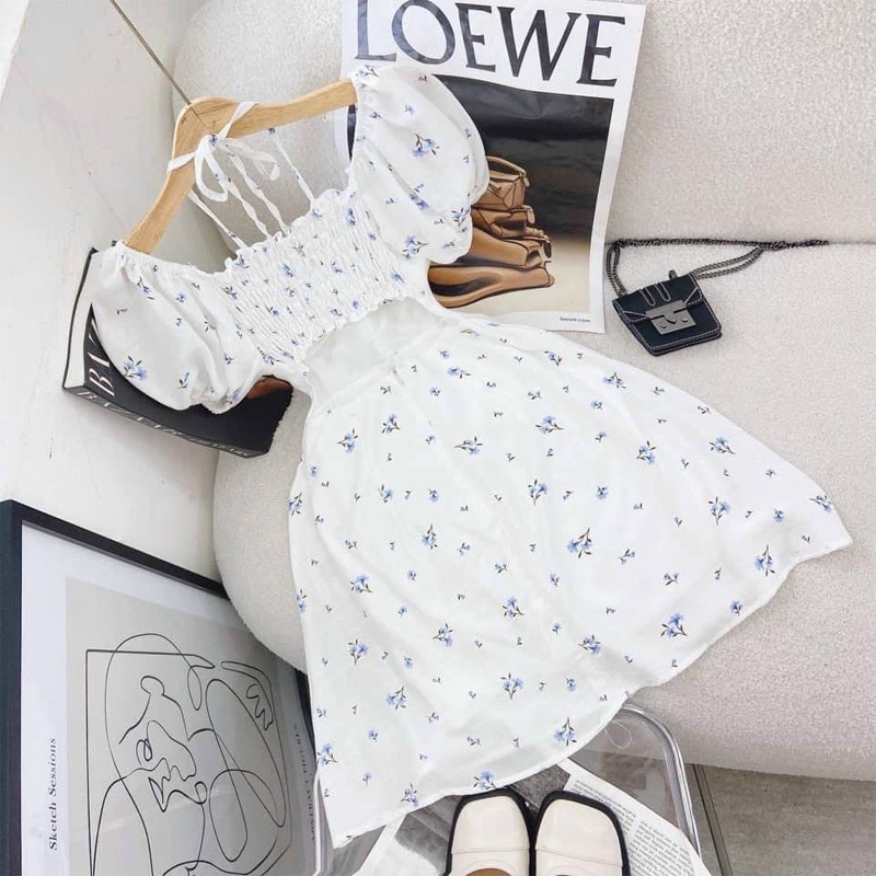 Đầm hoa rớt vai váy nữ hai dây yếm chéo cổ cutout lưng chât dày dặn đi tiệc đi du lịch hẹn hò sang trọng