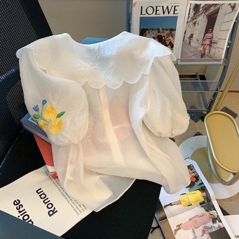 Áo lưới Pure Cube tay phồng ngắn cổ búp bê thêu họa tiết ngọt ngào thời trang mùa hè hàng mới dành cho