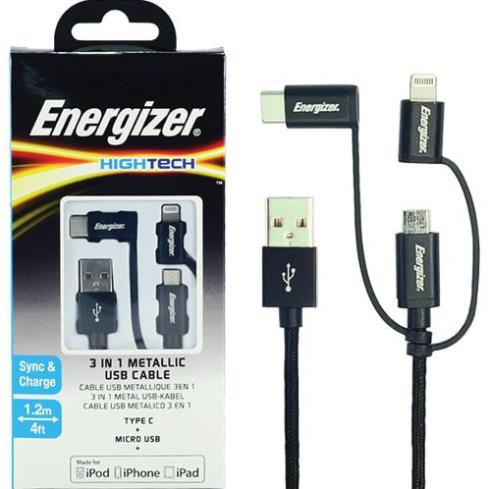 Cáp 3 trong 1 Micro USB - Lightning - USB Type-C Energizer Metallic 1.2m C13UBX3CF - Hàng chính hãng