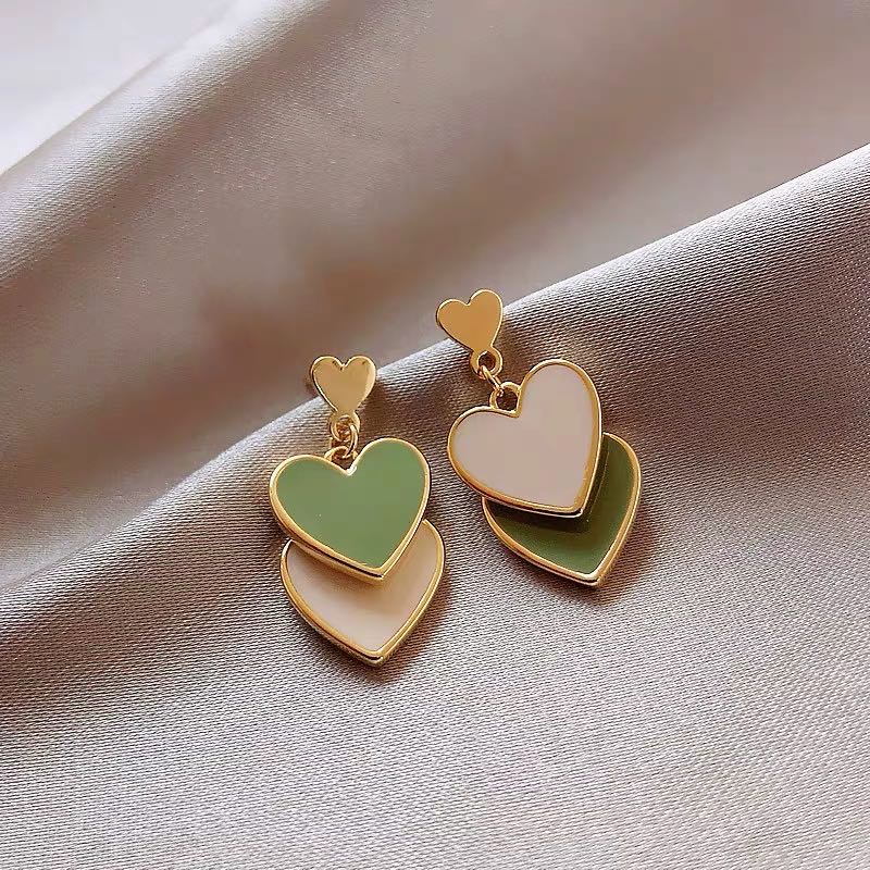 Khuyên tai mạ bạc 925 thiết kế mặt trái tim màu xanh lá xinh xắn thời trang
