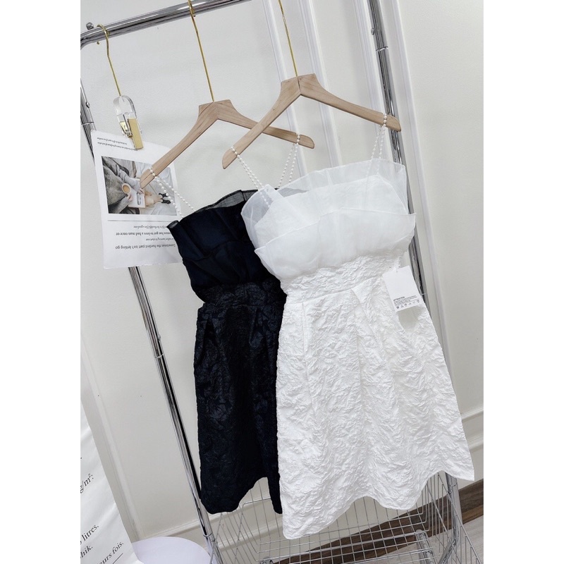 Váy gấm xốp hoa nổi dây ngọc siêu tôn dáng