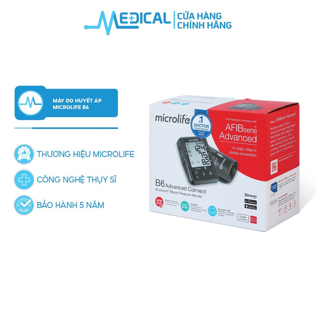 Máy đo huyết áp MICROLIFE B6 Connected Advanced công nghệ PAD phát hiện rối loạn nhịp tim - MEDICAL