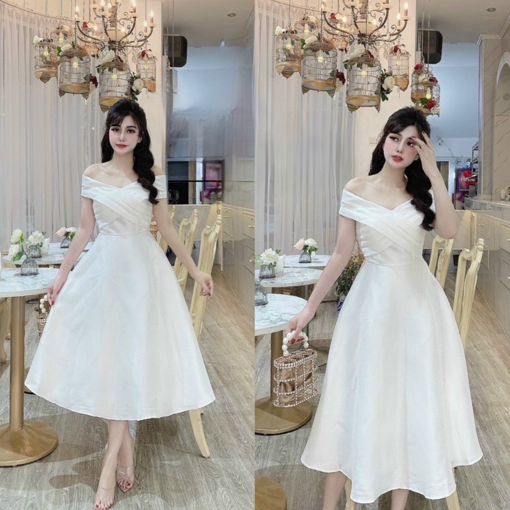 V3-Váy dự tiệc 2 vạt chễ vai dang dài siêu hot