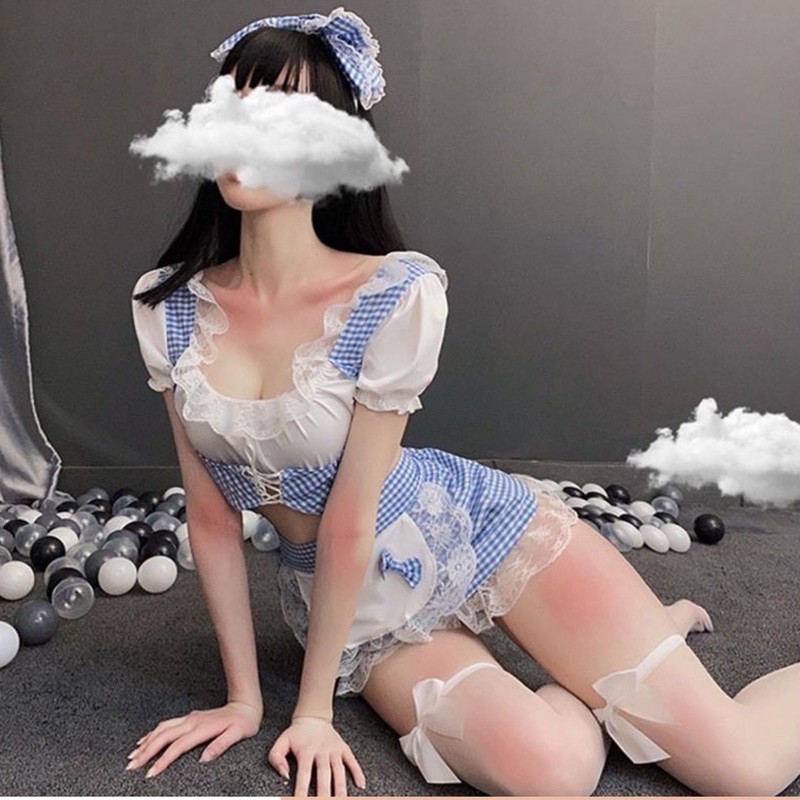 ME1284  Maid Set  Set Hầu Gái Váy Kẻ Xanh Ngây Thơ Kèm Bờm Nơ Siêu Xinh | Cosplay Sexy