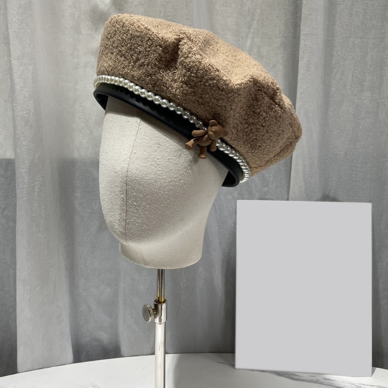 Mũ Beret Hình Gấu Đính Ngọc Trai Thời Trang Mùa Đông