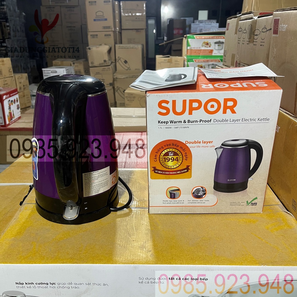 Ấm Siêu Tốc Bình Đun Nước Siêu Tốc SUPOR 17S18AVN (1,7 lít) 1800W -Pha Trà Pha Sữa Nhanh Chóng -An Toàn Với Inox 304