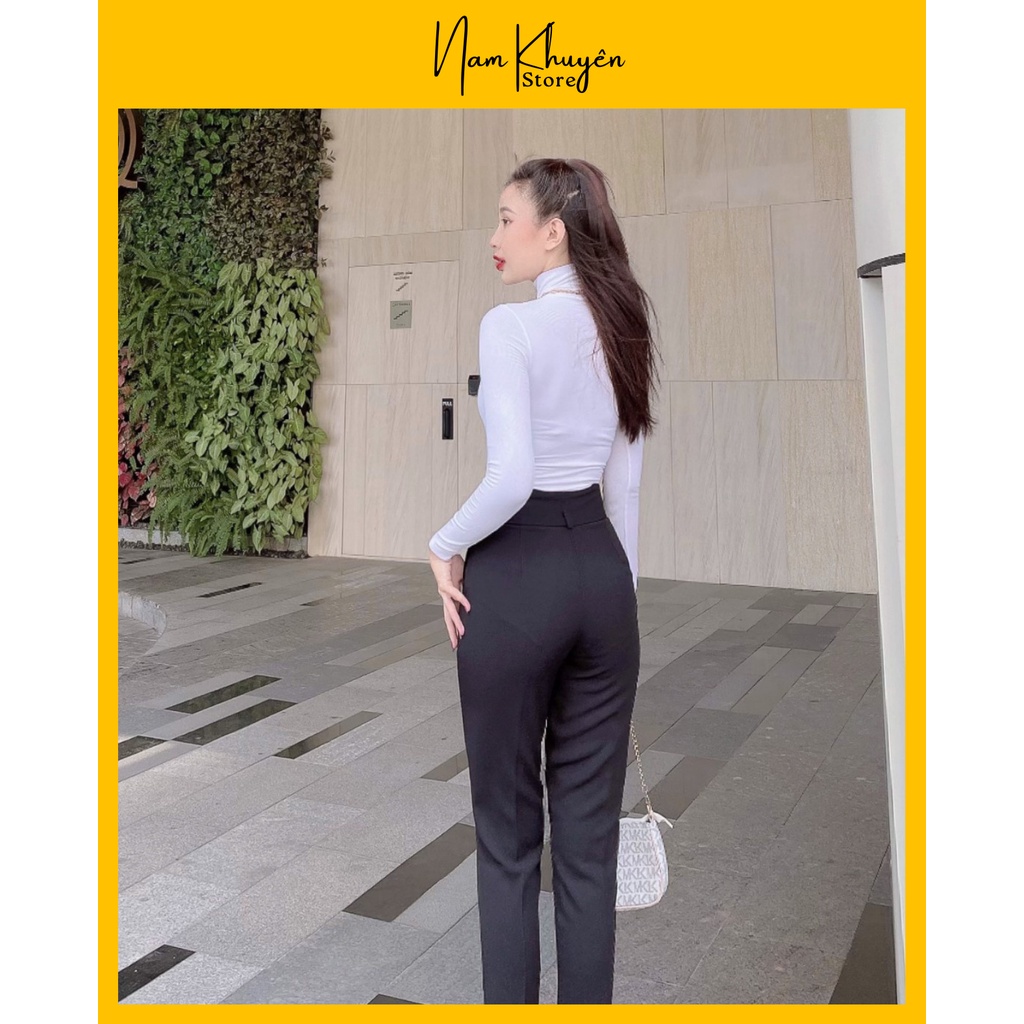 Quần tây đen công sở nữ dài cúc cài mặc đi làm học cạp lưng cao - Dáng quần baggy vải công sở dày mềm phối áo sơ mi