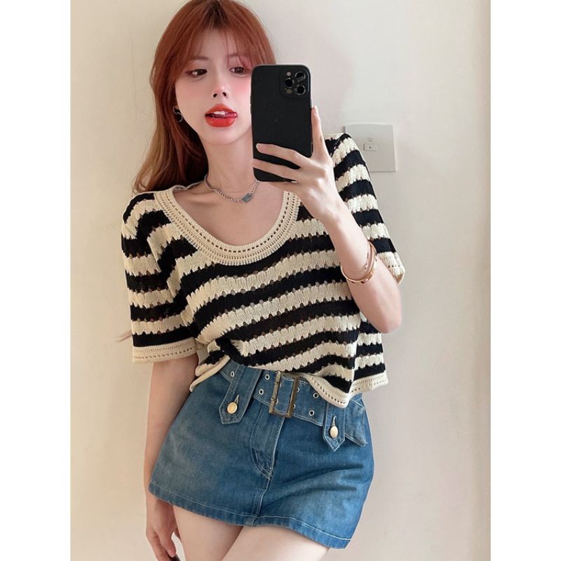 Áo phông nữ Áo Dệt Kim Áo Tanktop Ngắn Tay Họa Tiết Kẻ Sọc Thời Trang Hàn Quốc Cho Nữ