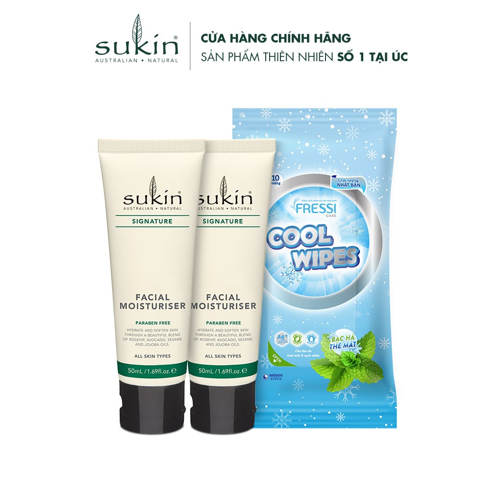 [HB Gift] Quà Tặng Ẩm Mịn Sukin Kem Dưỡng Ẩm Da Mặt 50ml x 2 + Khăn Ướt Chăm Sóc Da Mát Lạnh Fressi Cool Wipes 10 Miếng