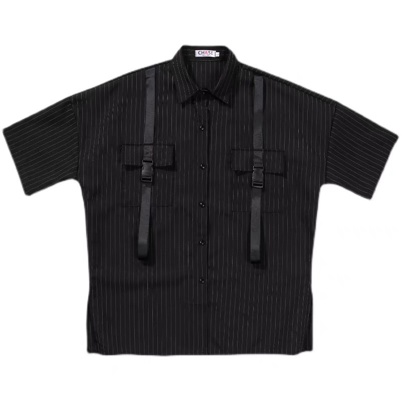 Set Áo Sơ Mi Tay Lỡ Kẻ Sọc Phối Quần Yếm Phong Cách Hip Hop Thời Trang Cá Tính Cho Nam