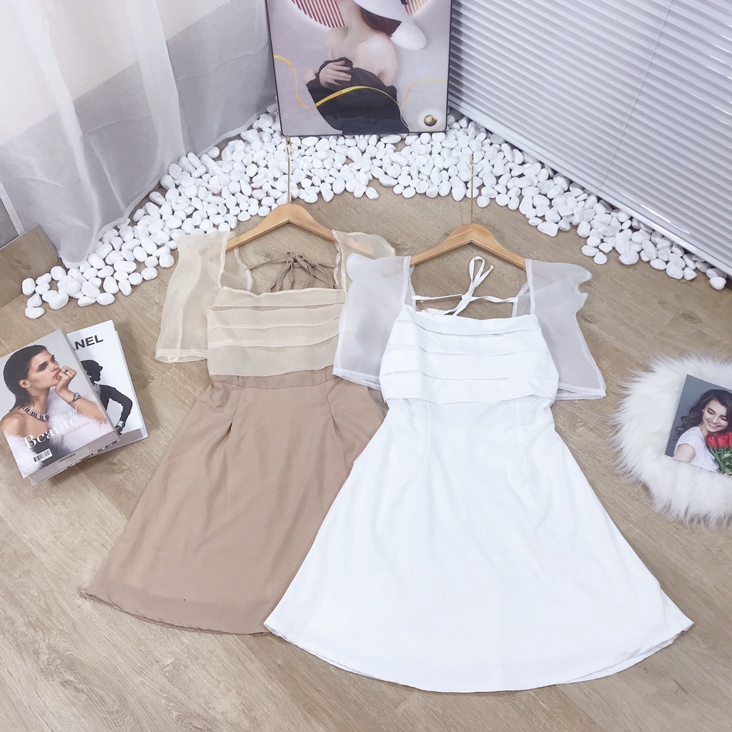 Váy dáng dài tay bồng  - Váy cổ vuông xếp ly bèo ngực dáng Babydoll nhẹ nhàng dễ thương để dự tiệc sam_sam_shop_1011