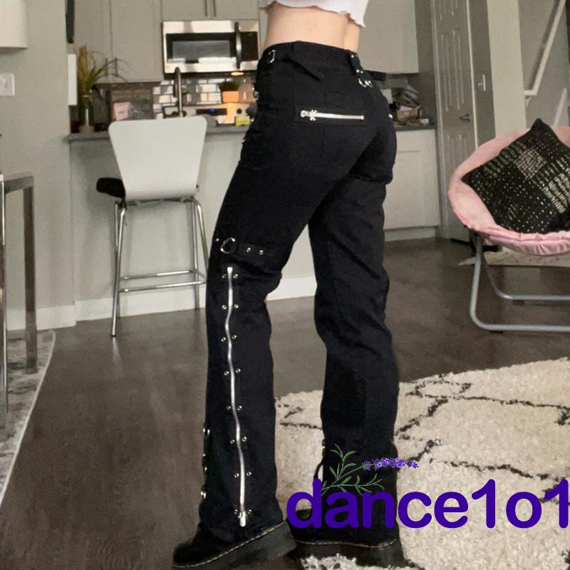 Quần jeans lưng cao phối vòng kim loại thời trang cho nữ