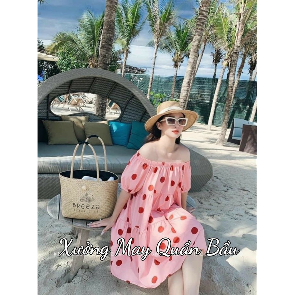 Váy Bầu trễ vai chấm bi tiểu thư dễ thương - Đầm Bầu thiết kế mặc đi làm đi chơi V270