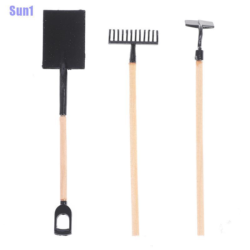 Sun1> 3Pcs/Set 1:12 Dollhouse Miniature Shovel Hoe Farming Tools Garden Accessories