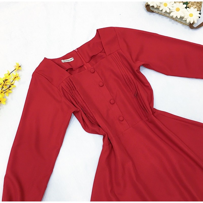 [Mã FAGREEN1505 giảm 10% tối đa 30K đơn 99K] Đầm đỏ tay dài nút bọc (kèm hình thật) | BigBuy360 - bigbuy360.vn