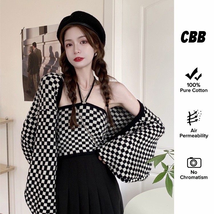 Porozi  Nữ Hàn Quốc Áo yếm \ đan len Cardigan kẻ caro Bộ đồ hai mảnh
