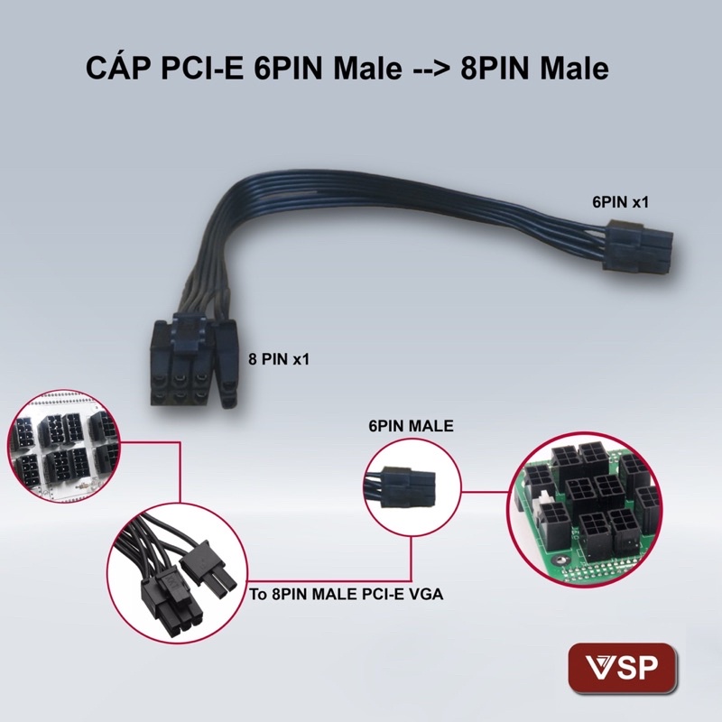 Dây cáp mở rộng cho bo mạch đồ họa chuyển đổi từ cổng 6pin sang cổng 8pin cho vga.