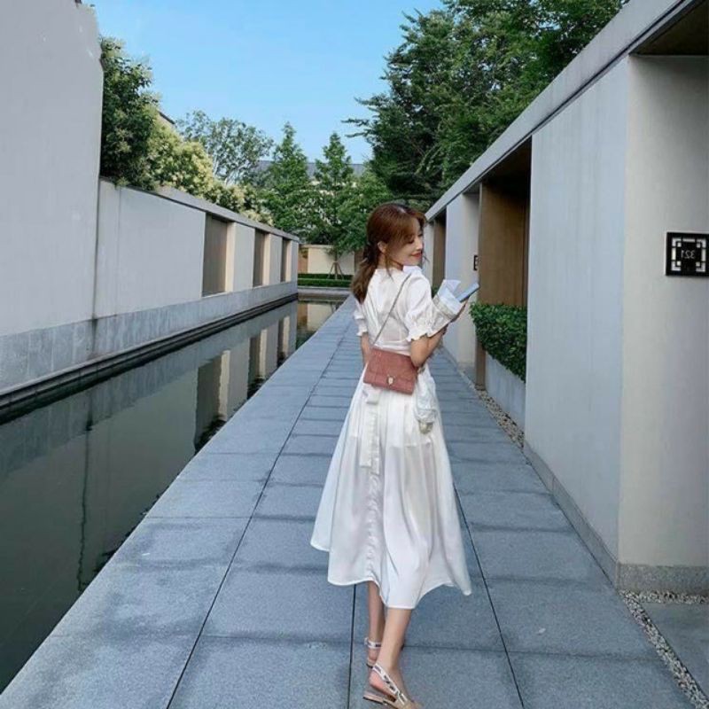 Đầm trắng dự tiệc xẻ tà chất vải satin đầm may hai lớp Ruby (BT44)