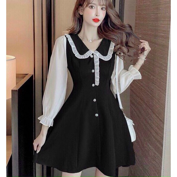 Đầm váy tiểu thư cổ bèo phối voan đính cúc dễ thương dạo phố, dự tiệc Zashopp