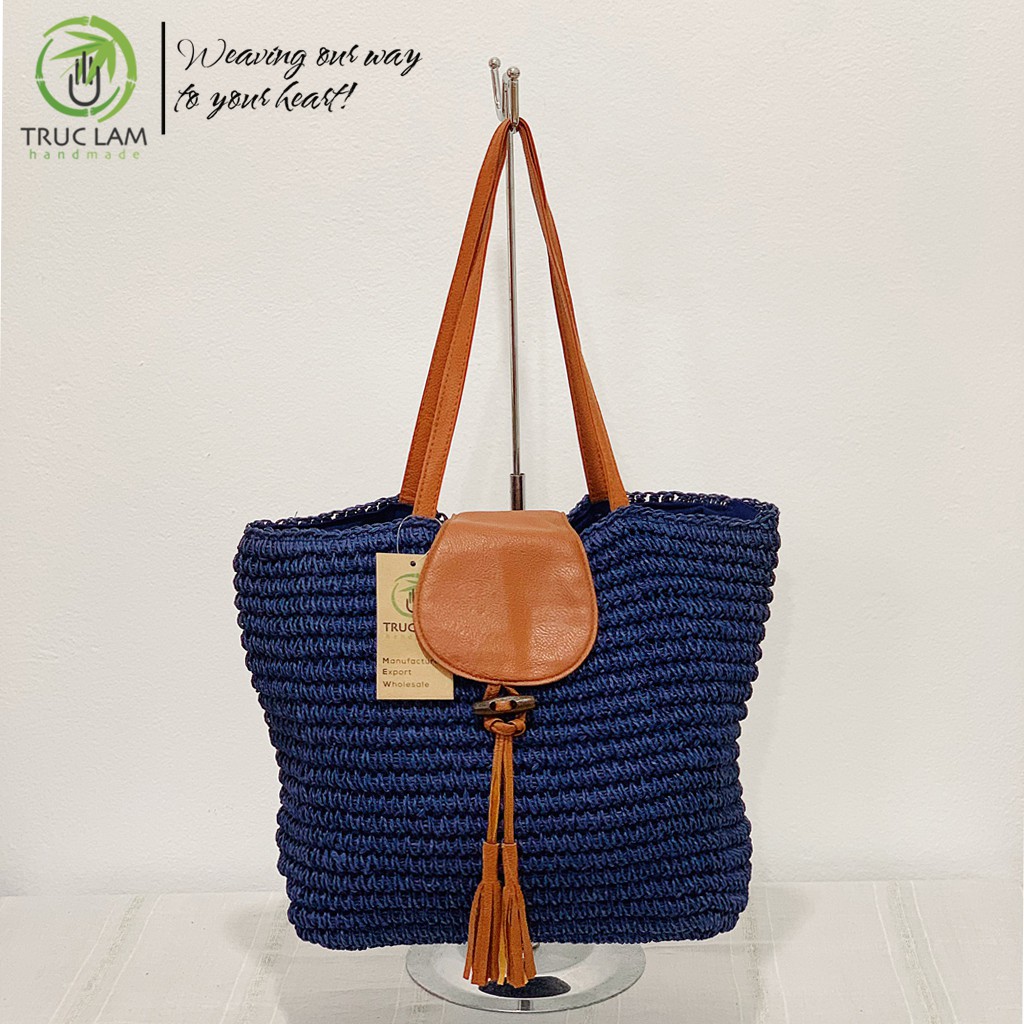 Túi Cói Tote Thời Trang Nữ Quai Và Nắp Da Trang Trí Quả Tua Rua – Trúc Lâm Handmade