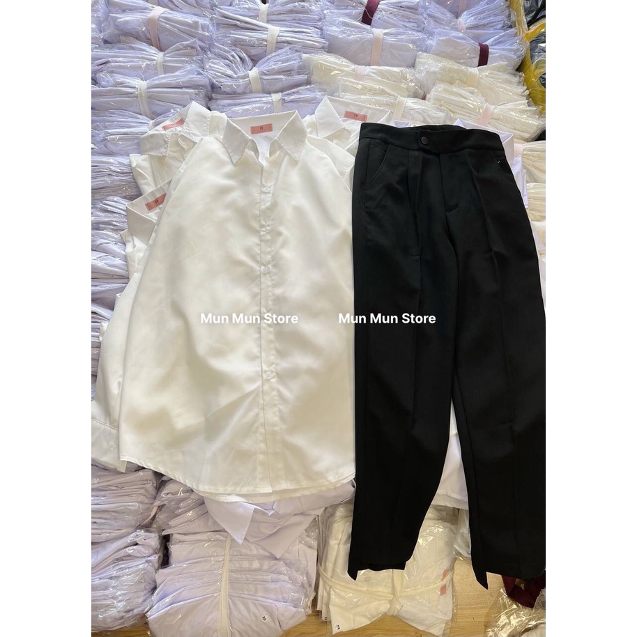 Áo Sơ Mi Nữ Phom Rộng Tay Dài MunMunStore  Áo Sơ Mi Nữ Kiểu Tà Lệch, Chất Liêu Cotton Đứng Phom Không Nhăn 142