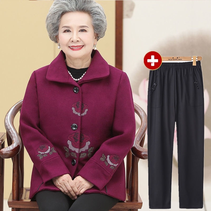Quần áo thu đông cho người già, bà ba nữ mặc len, sinh nhật mẹ, thêu già
