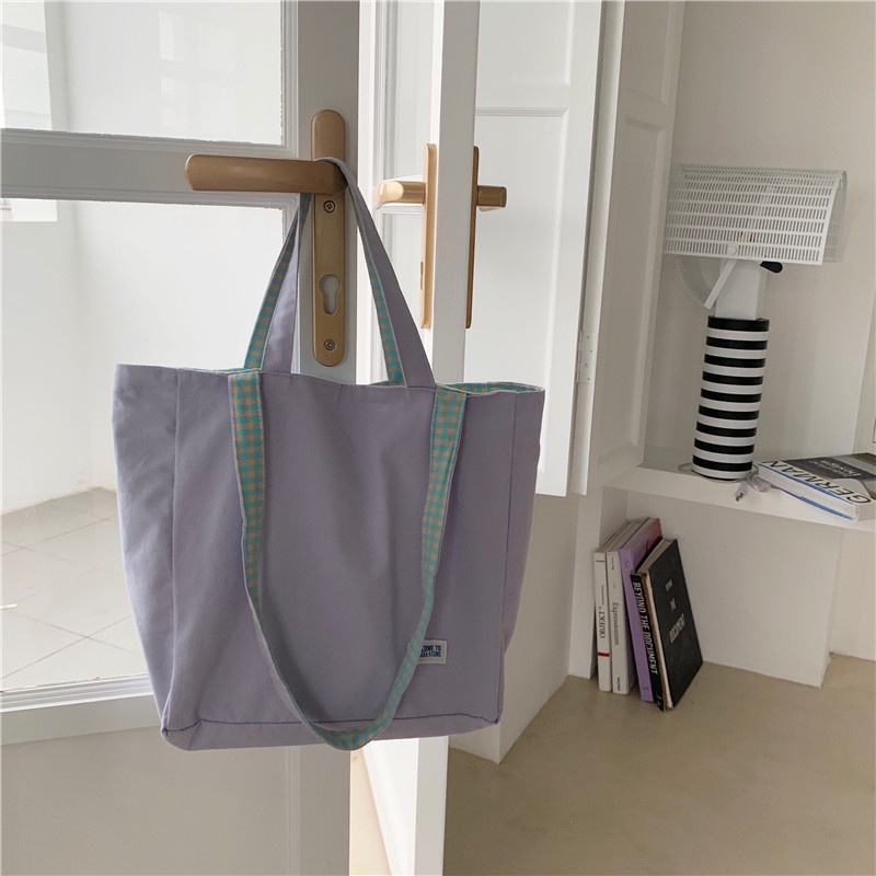 Túi xách đeo vai YADOU bằng vải canvas kẻ sọc caro cho nữ dùng được hai mặt