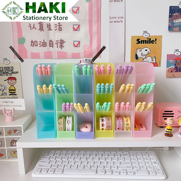 Hộp đựng bút 4 tầng HAKI, ống cắm bút 4 ngăn màu Macaron decor bàn học dụng cụ văn phòng phẩm OB06