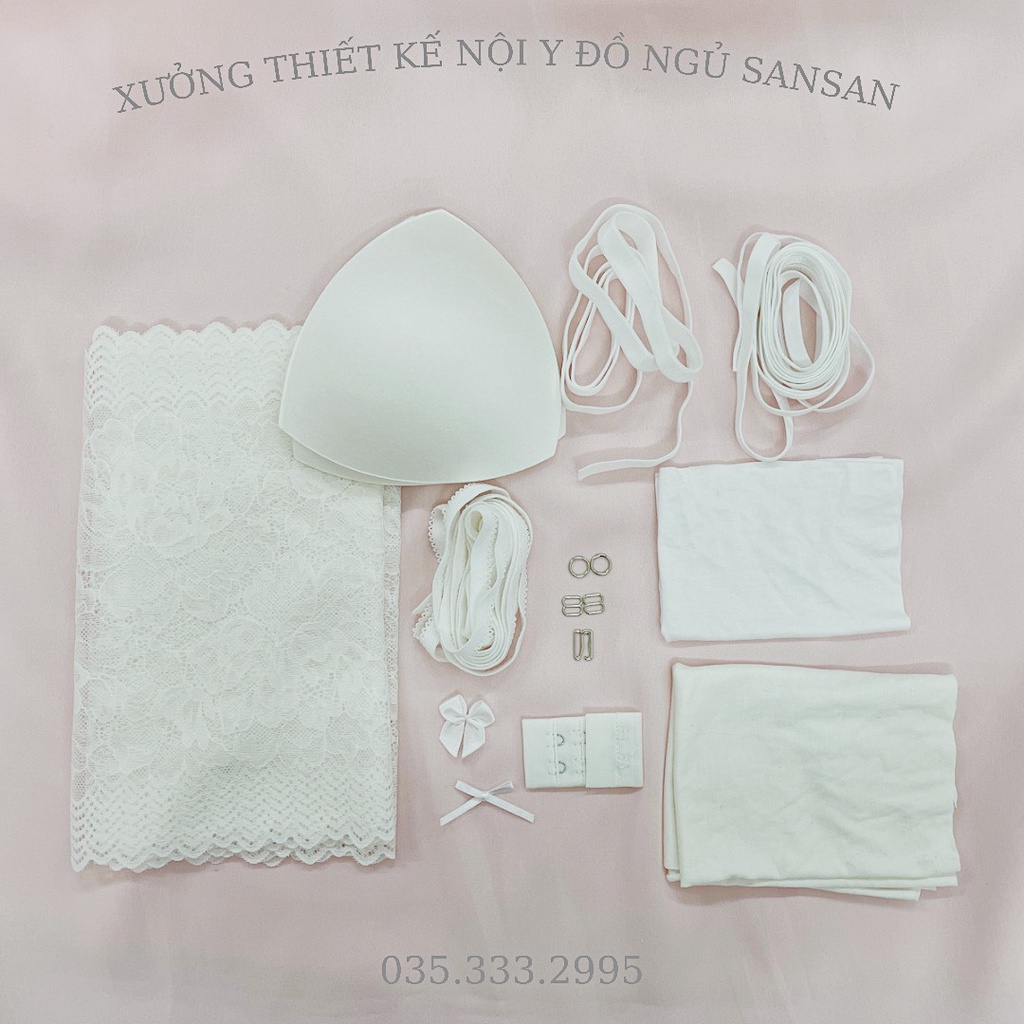 Set phụ liệu may trọn bộ áo lót và quần lót ren kèm dây chun, móc, khuyên, nơ